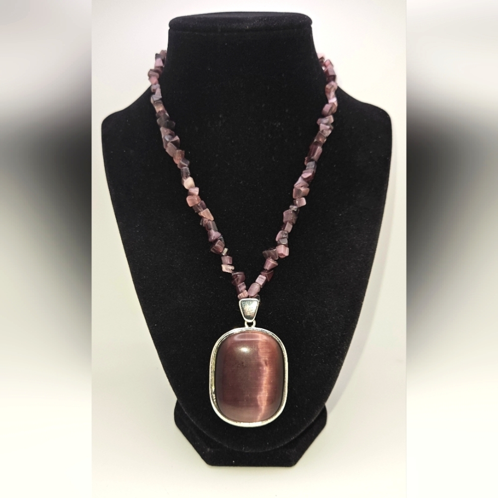 🟢3/$19🟢 Amethyst Cats Eye Silver Pendant Chips Necklace